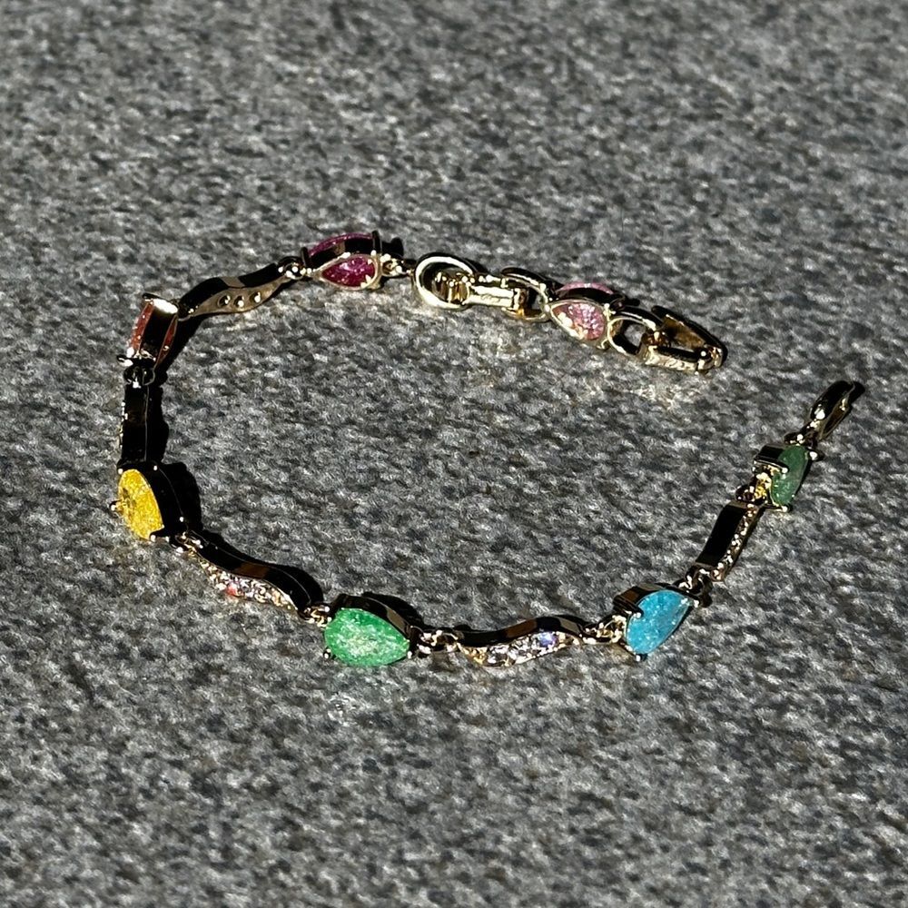 NEW Yellow Gold Pear Shaped Multicolor Galaxy Candy Stones 6.5” or 7.5” Bracelet - Picture 3 of 16